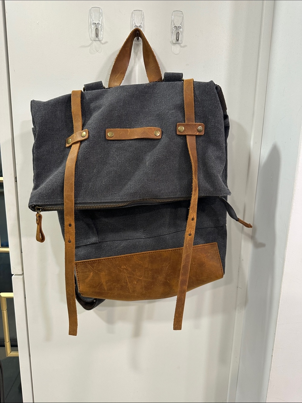 Crazy Lou Paris Canvas & Leather Roll-Top Backpack - Black and Brown
